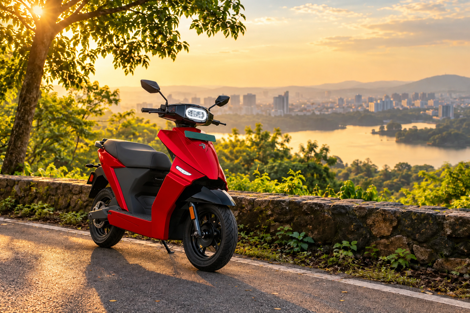 Illustrative electric motorcycle on a green roadside