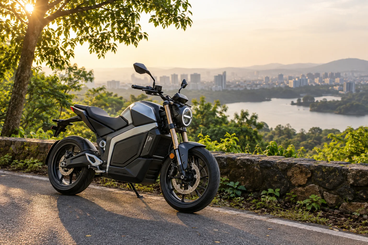 Illustrative electric motorcycle in a green landscape